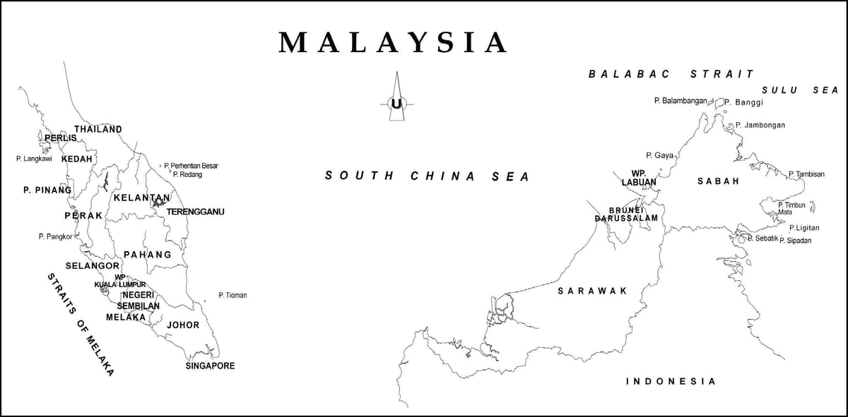 kort skitsere kort over malaysia med staten grænser
